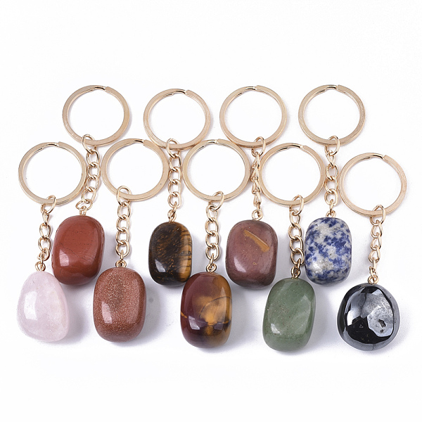 

PandaHall Gemstone Keychain, with Golden Plated Iron Split Key Rings, Nuggets, 87~90mm Mixed Stone Nuggets