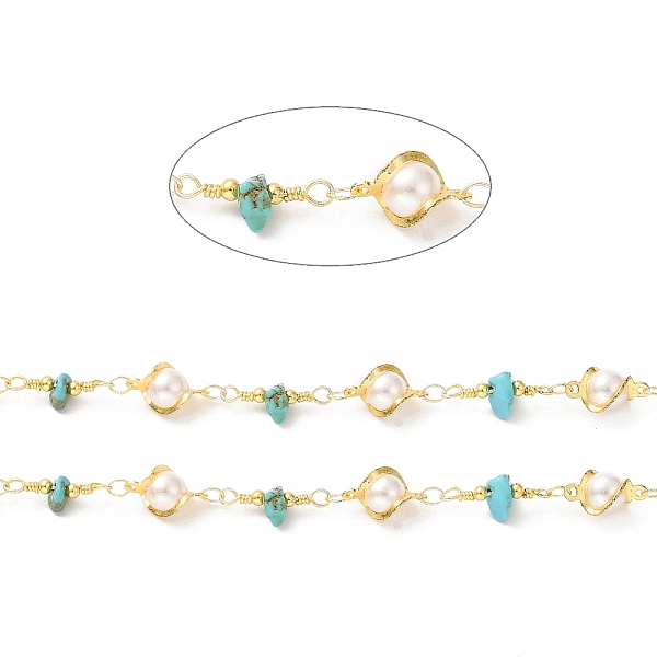 

PandaHall Handmade Natural Turquoise Chip Beaded Chains, Real 18K Gold Plated Brass Glass Link Chains, Soldered, with Spool, Cadmium Free &...