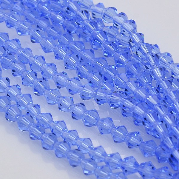 

PandaHall Bicone Glass Beads Strands, Faceted, Cornflower Blue, 3.5x3mm, Hole: 1mm, about 113~115pcs/strand, 36~36.5cm Glass Bicone Blue