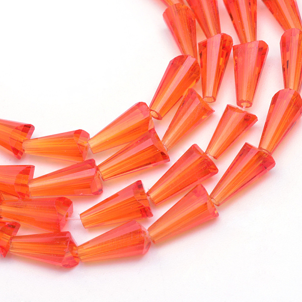

PandaHall Transparent Glass Bead Strands, Cone, Orange Red, 8x4mm, Hole: 1mm, about 65~68pcs/strand, 22 inch Glass Cone Red