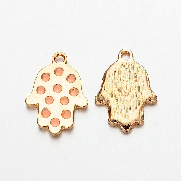 

PandaHall Light Gold Plated Alloy Enamel Hamsa Hand/Hand of Fatima/Hand of Miriam Pendants for Buddha Jewelry, Pink, 23x16x2mm, Hole: 2mm...