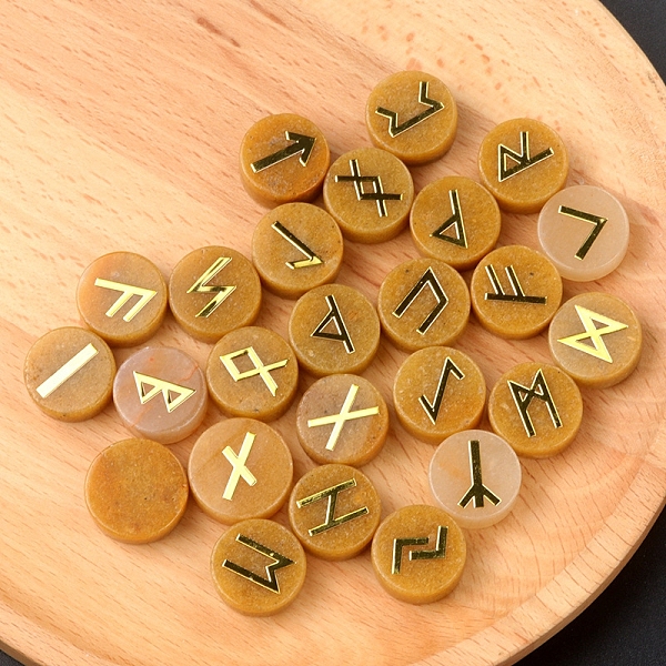 

PandaHall Tumbled Natural Topaz Jade with Carved Rune Words, Divination Stone, Flat Round, 16~19x6~7mm Topaz Jade Flat Round