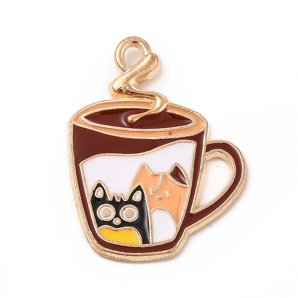 PandaHall Alloy Enamel Pendant, Light Gold, Cup with Cat Charm, Coffee, 25x19x2mm, Hole: 1.6mm Alloy+Enamel Tableware Brown