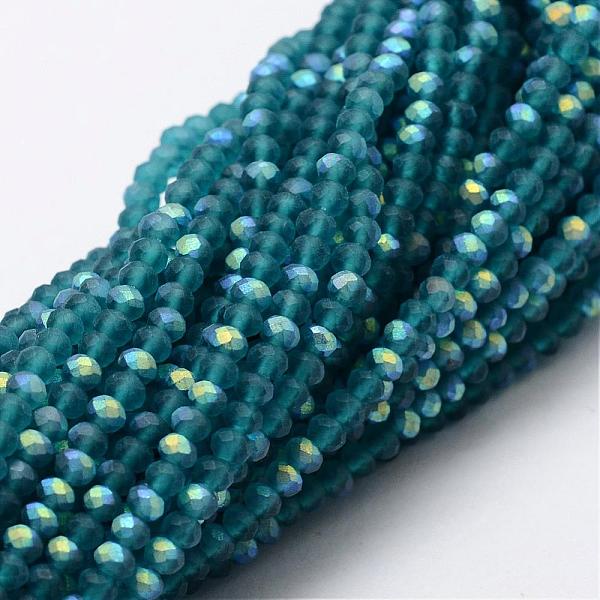 

PandaHall Half AB Color Plated Faceted Rondelle Glass Bead Strands, Frosted, Dark Cyan, 4~4.5x3~3.5mm, Hole: 0.8mm, about 150pcs/strand...