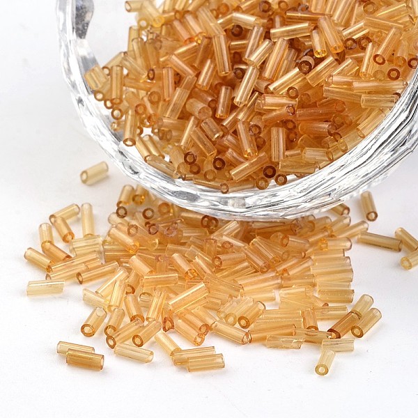 

PandaHall Transparent Colours Round Hole Glass Bugle Beads, Sandy Brown, 3~5x1.8~2mm, Hole: 0.8mm, about 12000pcs/450g Glass Brown