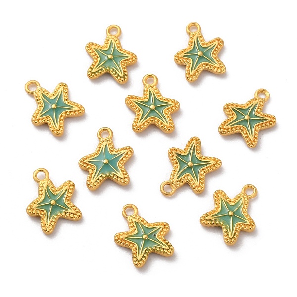 

PandaHall Alloy Enamel Pendants, Matte Gold Color, Starfish, Turquoise, 14x11.5x2mm, Hole: 1.6mm Alloy+Enamel Starfish Green