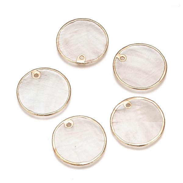 

PandaHall Natural Capiz Shell Pendants, Brass Edge Plated, Flat Round, Light Gold, 25x1~1.5mm, Hole: 1.2mm Capiz Shell Flat Round