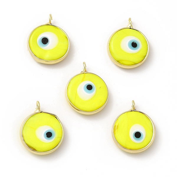

PandaHall Handmade Evil Eye Lampwork Pendants, with Rack Plating Brass Findings, Long-Lasting Plated, Flat Round, Yellow, 18~19x15~16x4mm...