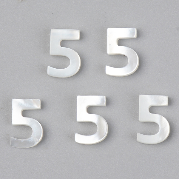 PandaHall Natural White Shell Mother of Pearl Shell Charms, Number, Num.5, 10x7x2mm, Hole: 0.8mm White Shell Number White