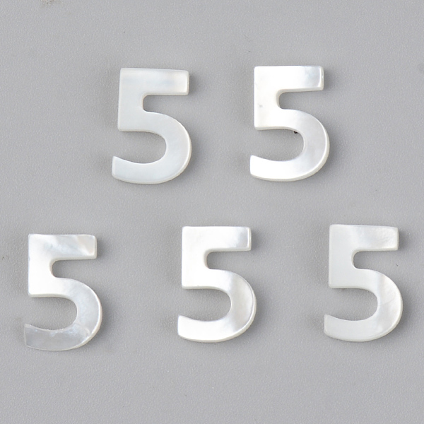 

PandaHall Natural White Shell Mother of Pearl Shell Charms, Number, Num.5, 10x7x2mm, Hole: 0.8mm White Shell Number White