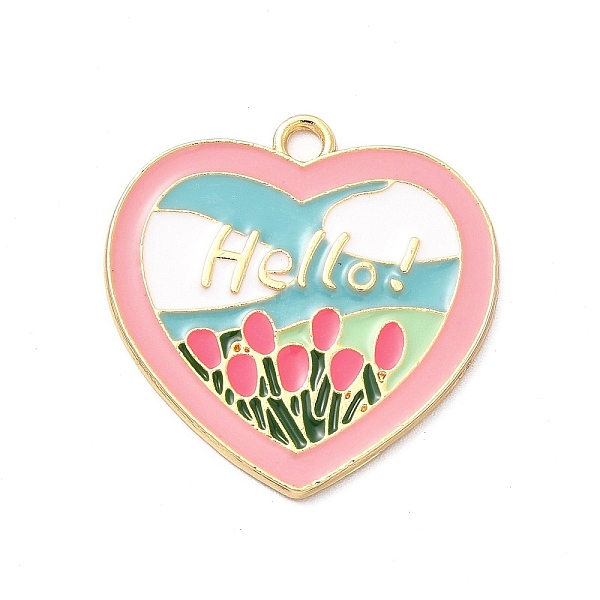

PandaHall Alloy Enamel Pendants, Golden, Heart with Tulip and Word Hello Charm, Colorful, 26x26x1.6mm, Hole: 2mm Alloy+Enamel Flower