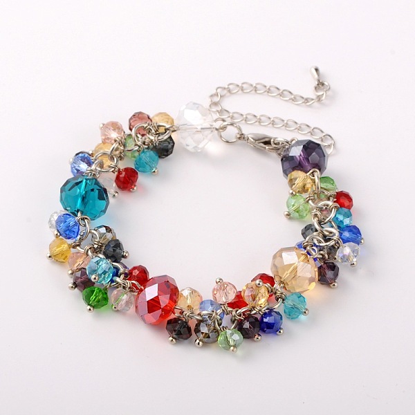 

PandaHall Trendy Faceted Glass Beads Bracelets, with Brass Lobster Claw Clasps and Iron End Chains, Mixed Color, 190mm Glass Multicolor