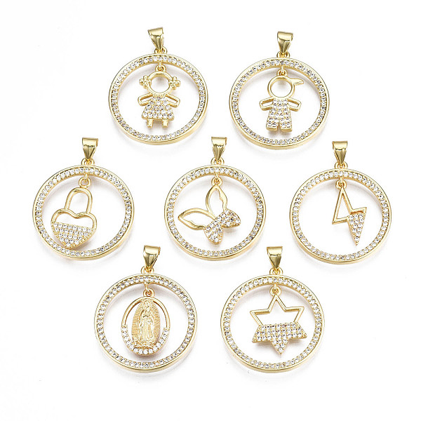 

PandaHall Brass Micro Pave Clear Cubic Zirconia Pendants, Mixed Style, Nickel Free, Flat Round, Real 16K Gold Plated, 30x28x2mm, Hole...