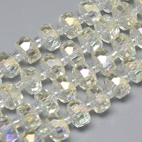 

PandaHall Electroplate Glass Beads Strands, Rainbow Plated, Faceted, Flat Round, Light Goldenrod Yellow, 7~8x5mm, Hole: 1mm, about...