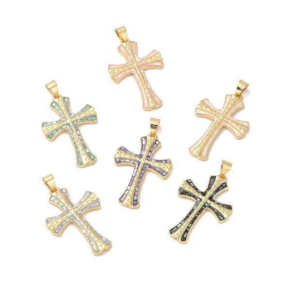 

PandaHall Rack Plating Brass Epoxy Resin Pendants, with Shell, Long-lasting Plated, Cadmium Free & Lead Free, Real 18K Gold Plated, Cross..., Multicolor