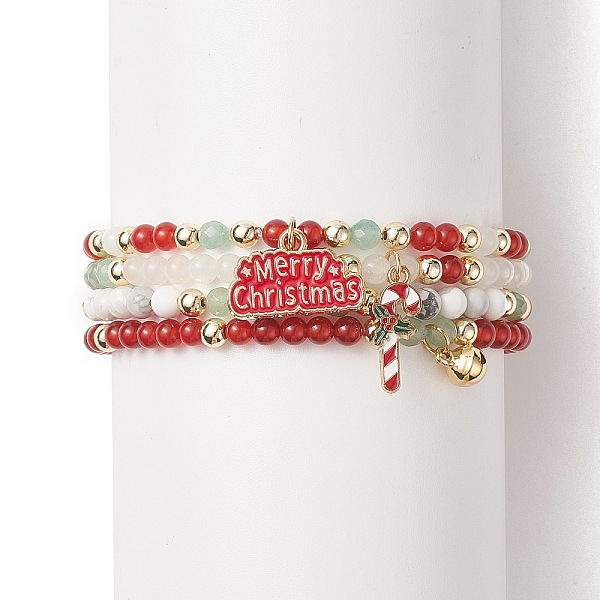 

PandaHall 4Pcs 4 Style Natural & Synthetic Mixed Gemstone Stretch Bracelets Set, Word Merry Christmas Alloy Enamel & Brass Bell Charms...