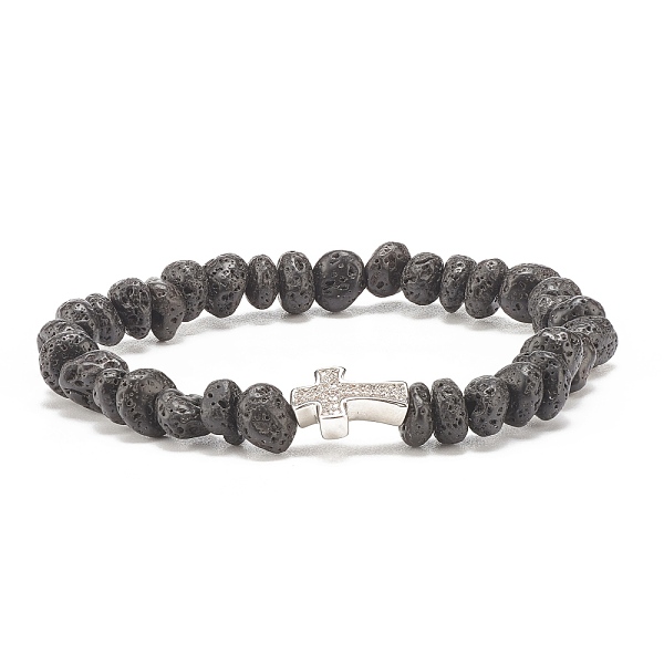 

PandaHall Natural Lava Rock Beaded Stretch Bracelet, Brass Cross Bracelet with Clear Cubic Zirconia for Women, Platinum, Inner Diameter: 2...