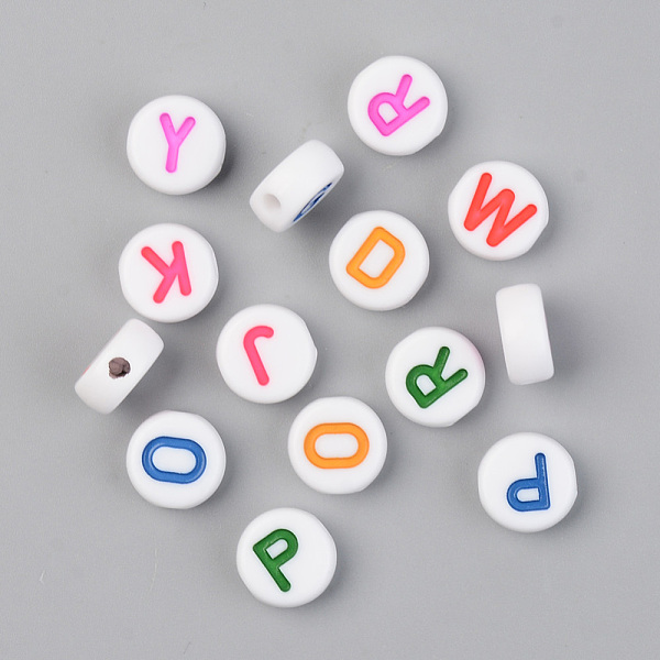 

PandaHall Opaque White Acrylic Beads, with Enamel, Horizontal Hole, Flat Round with Random Initial Letter, Mixed Color, 9.5x4.5mm, Hole: 2mm..., Multicolor