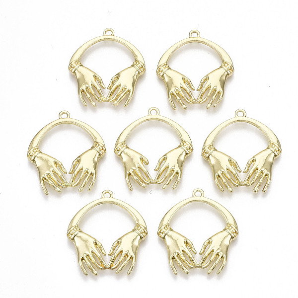 

PandaHall Rack Plating Alloy Pendants, Cadmium Free & Lead Free, Two-Hand, Light Gold, 27x24.5x3mm, Hole: 1.6mm Alloy Palm