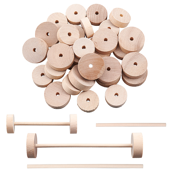 PandaHall Olycraft Birchwood Wheel and Birchwood Sticks, DIY Accessories, Flat Round & Column, BurlyWood, 28x10mm, Hole: 5mm, 64pcs/set Wood...