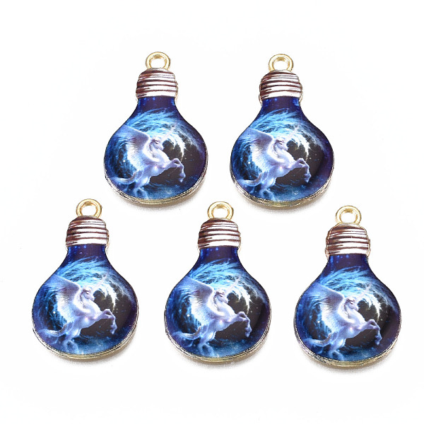 

PandaHall Rack Plating Alloy Enamel Pendants, Cadmium Free & Nickel Free & Lead Free, Bulb with Unicorn Pattern, Blue, 28x17x2.5mm, Hole...