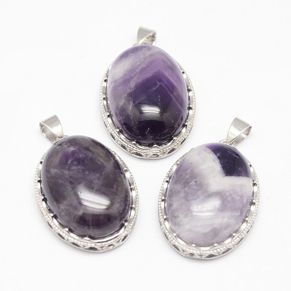 

PandaHall Natural Amethyst Pendants, with Brass Findings, Oval, Platinum, 30x21x10~11mm, Hole: 6x4mm Amethyst Oval