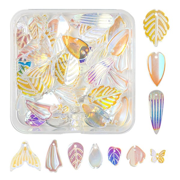 PandaHall 50Pcs 10 Style Transparent Spray Painted Glass Pendants, AB Color Plated, Mixed Shapes, Mixed Color, 9.5~26x9~19.5x2~4.5mm, Hole...