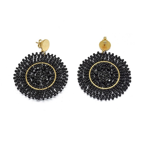 

PandaHall Handmade Woven Glass Beads Dangle Stud Earrings, with 304 Stainless Steel Findings and Ear Nuts/Earring Back, Flat Round, Golden..., Black