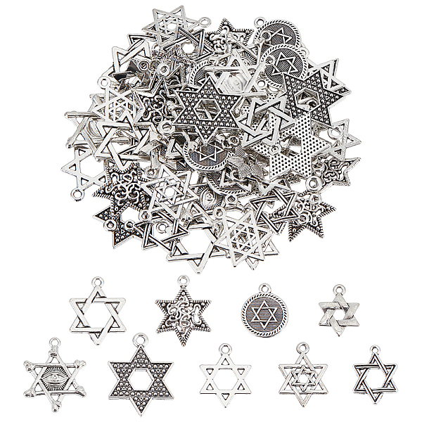 

PandaHall SUNNYCLUE 72Pcs 9 Styles Tibetan Style Alloy Pendants, Star of David Charms, Antique Silver, 17~27.5x12.5~21x1~5mm, Hole: 1.4~2mm...