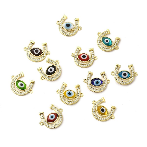 

PandaHall Rack Plating Real 18K Gold Plated Brass Micro Pave Clear Cubic Zirconia Connector Charms, Horseshoe Links, with Handmade Evil Eye..., Multicolor