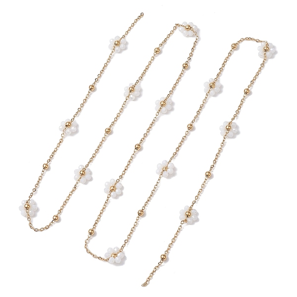 

PandaHall Flower Glass Beaded Link Chain, with 304 Stainless Steel Satellite Chain, Soldered, Golden, 11mm, about 3.18~3.20 Feet..., White