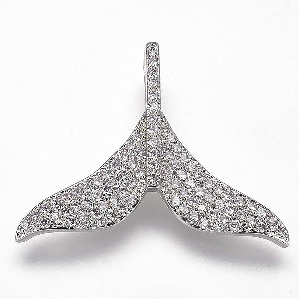 PandaHall Brass Micro Pave Cubic Zirconia Pendants, Whale Tail Shaped, Platinum, 24x32x5mm, Hole: 2x5mm Brass+Cubic Zirconia Fish