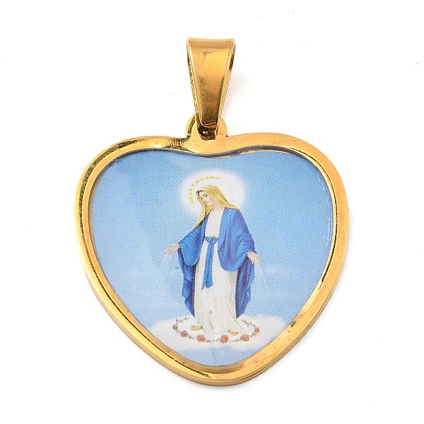

PandaHall Ion Plating(IP) 304 Stainless Steel Pendants, with Enamel, Heart with Saint Charm, Religion, Golden, 31x29x2mm, Hole: 9x5.5mm...