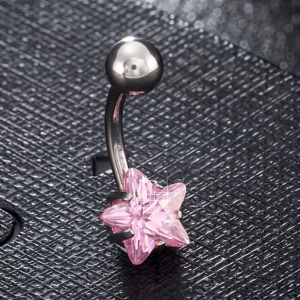 

PandaHall Piercing Jewelry, Brass Cubic Zirciona Navel Ring, Belly Rings, with 304 Stainless Steel Bar, Lead Free & Cadmium Free, Star, Pink...