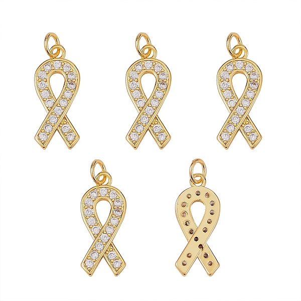 PandaHall 5Pcs Brass Micro Pave Clear Cubic Zirconia Pendants, with Jump Ring, Long-Lasting Plated, Awareness Ribbon Shape, Real 18K Gold...