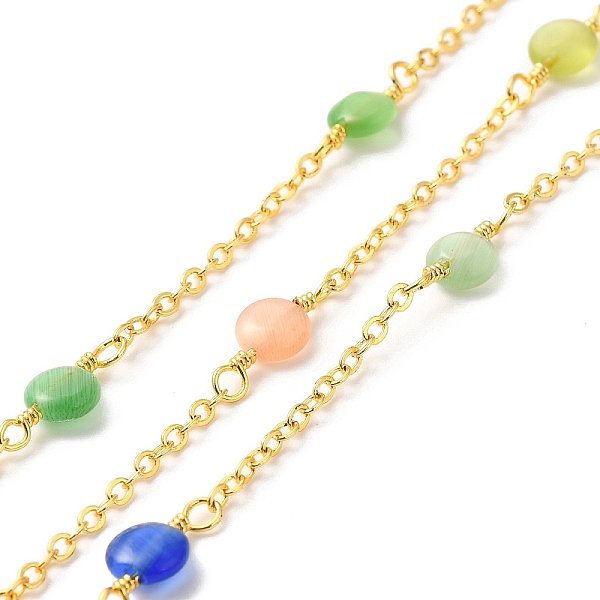 

PandaHall Handmade Cat Eye Beaded Chains, Real 18K Gold Plated Brass Cable Chains, with Spool, Cadmium Free & Lead Free, Flat Round, Mixed..., Multicolor