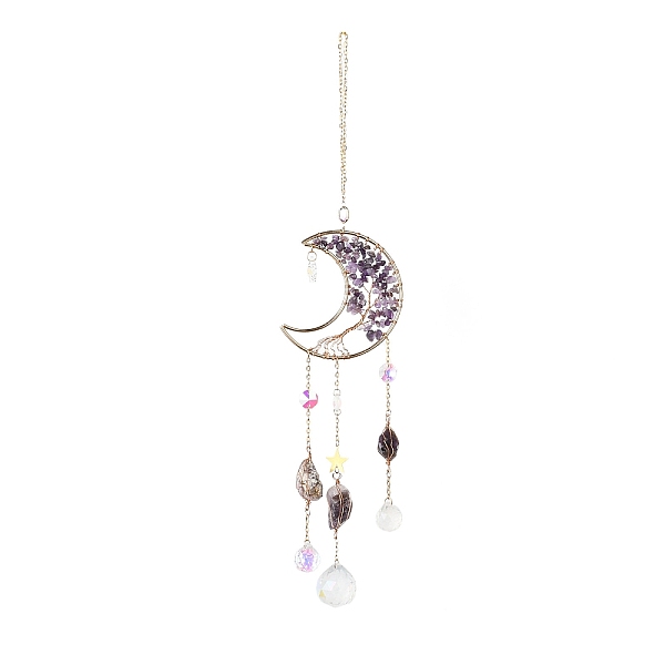

PandaHall Natural Amethyst Chips Beaded Moon Hanging Sun Catchers, Faceted Glass Octagon & Teardrop, Rainbow Maker, with Iron Findings..., Purple