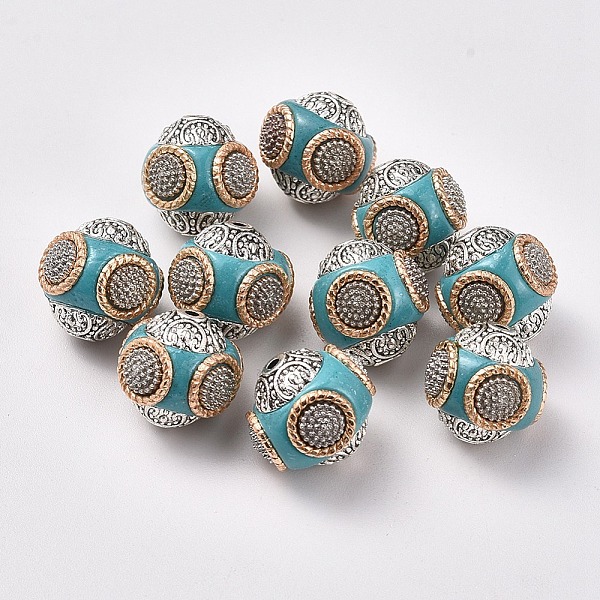

PandaHall Handmade Indonesia Beads, with Alloy Cores, Round, Antique Silver & Light Gold, Turquoise, 14~16x14~16mm, Hole: 1.5mm Polymer Clay..., Green
