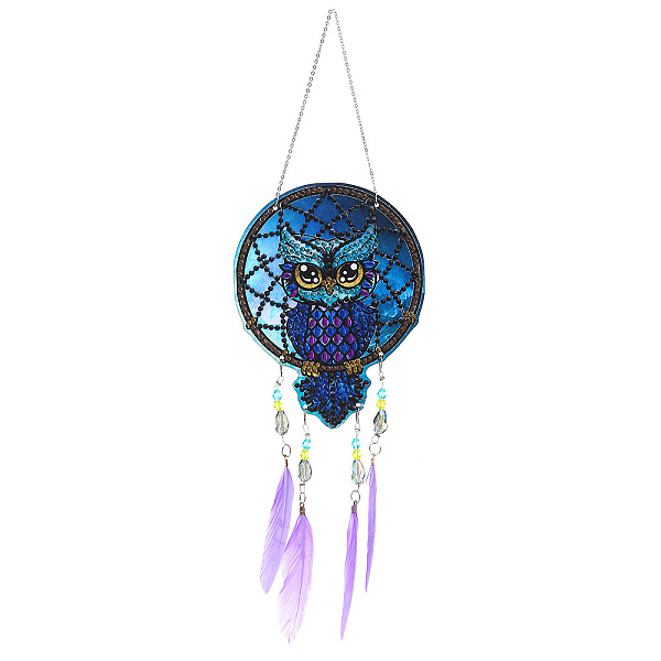 PandaHall DIY Diamond Painting Web with Feather Wind Chime Kits, Including Resin Rhinestones, Diamond Sticky Pen, Tray Plate and Glue Clay...