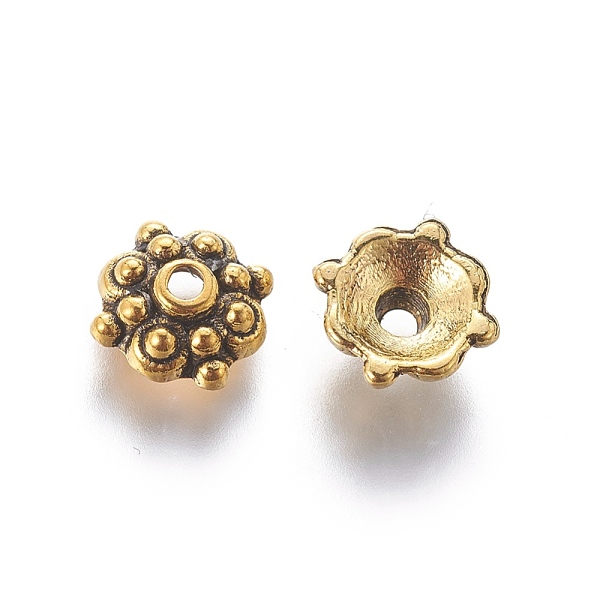 

PandaHall Tibetan Style Alloy Bead Caps, Multi-Petal, Antique Golden, Lead Free and Cadmium Free, Flower, Size: about 8mm in diameter, 3mm...