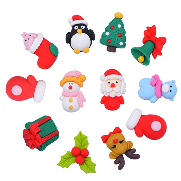 PandaHall 22Pcs 11 Style Resin Cabochons, Christmas Theme, Santa Claus & Christmas Tree & Snowman & Jingle Bell & Gift & Bear & Elk & Flower...