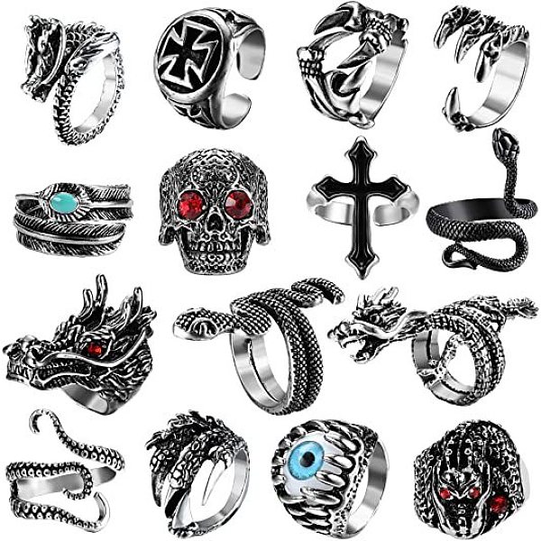 

PandaHall 15Pcs 15 Style Evil Eye & Dragon & Cross & Leather & Skull & Snake & Claw Alloy Open Cuff Rings, Gothic Chunky Rrings with...