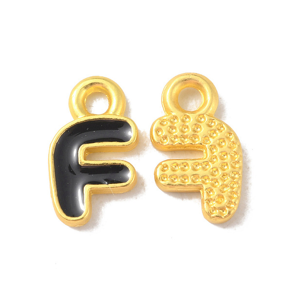 

PandaHall Alloy Enamel Pendants, Matte Gold Color, Letter Charm, Nickel Free, Letter F, 10x6x1.5mm, Hole: 1.6mm Alloy+Enamel Letter F Black