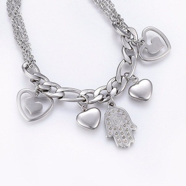 

PandaHall 304 Stainless Steel Charm Bracelets, with Lobster Claw Clasps, Hamsa Hand/Hand of Miriam with Heart, Stainless Steel Color, 7-1/2...