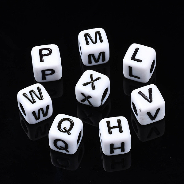 

PandaHall Opaque Acrylic Beads, Cube with Alphabet, Random Mixed Letters, 10x10x10mm, Hole: 5mm, about 628pcs/500g Acrylic Letter White