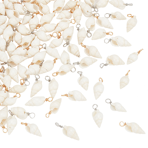 

PandaHall 100Pcs 2 Colors Natural Spiral Shell Pendants, Copper Wire Wrapped Shell Shaped Charms, Platinum & Golden, 21~28x7~10x6~8mm, Hole...
