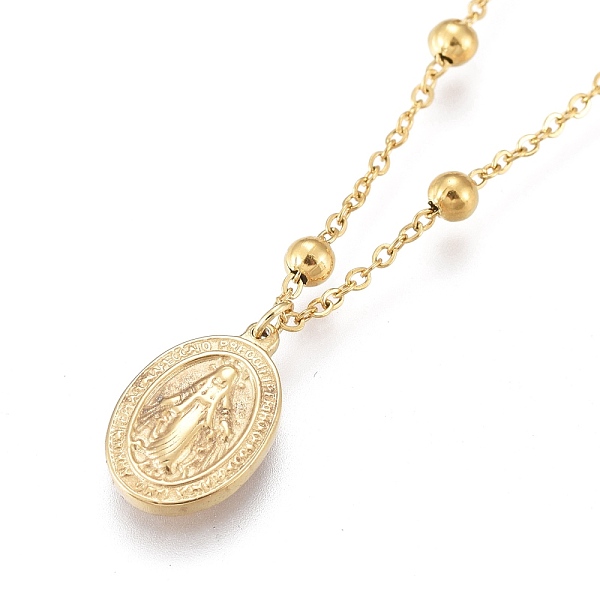 

PandaHall 304 Stainless Steel Pendant Necklaces, Virgencita Necklaces, with Cable Chains and Round Beads, Oval with Virgin Mary, Golden...