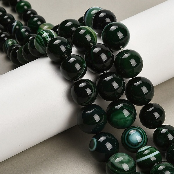 Natürliche, gebänderte Achat-Perlenstränge mit abgestuften Perlen, gefärbt und erhitzt, Runde, Klasse A, dunkelgrün, 6-16 mm, Bohrung: 0.8 mm, ca. 39 Stk. / Strang, 16.54'' (42 cm)