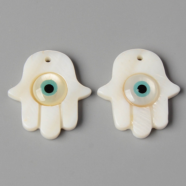 

PandaHall Natural Freshwater Shell Pendants, with Enamel, Hamsa Hand/Hand of Fatima/Hand of Miriam with Evil Eye, Turquoise, 27x24x5mm, Hole...