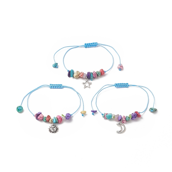 

PandaHall 3Pcs 3 Style Moon & Star & Sun Charm Bracelets Set, Synthetic Turquoise Chips Braided Bead Bracelest for Women, Colorful, Inner...